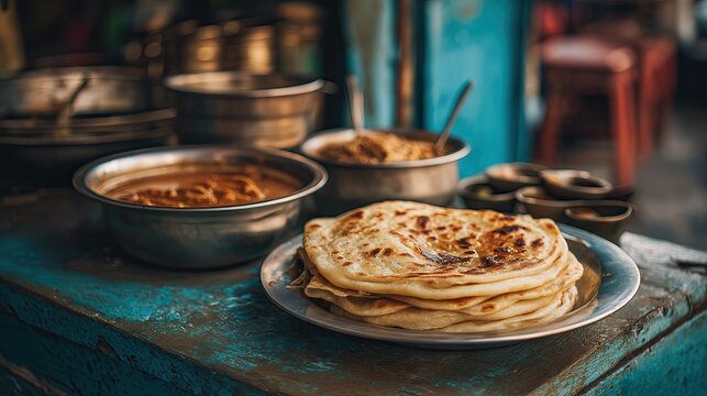 South Indian parotta with salna curry, rustic street-side stall table aesthetic.