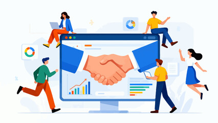 Business handshake on computer screen with people around