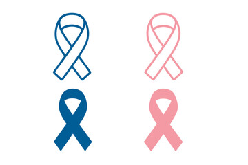 Blue and pink awareness ribbons vector icon set. Symbol for breast and prostate cancer awareness month. Medical health campaign, solidarity, and charity support sign illustration.