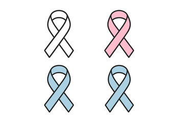 Awareness ribbon collection. Vector thin line icon set. Symbol for medical awareness campaigns, support, and charity. For breast cancer, prostate cancer, colon cancer.