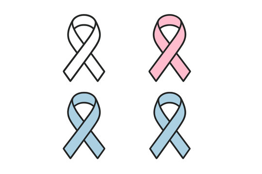 Awareness ribbon collection. Vector thin line icon set. Symbol for medical awareness campaigns, support, and charity. For breast cancer, prostate cancer, colon cancer.