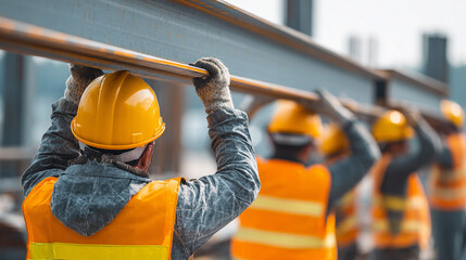 Group of workers in helmets lifting steel beams at construction site, teamwork and safety concept.