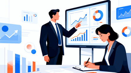 Business presentation with data charts