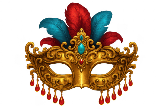 Golden masquerade mask with ornate feathers and gems