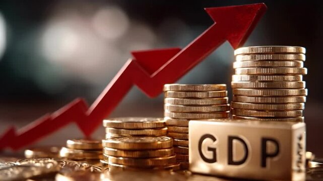 Economic Growth with Coins: Illustrating financial prosperity with stacks of coins and an ascending arrow symbolizing growth, along with a GDP inscription, emphasizing financial concepts.