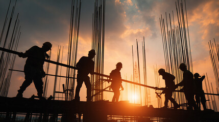 Group of workers in helmets lifting steel beams at construction site, teamwork and safety concept.