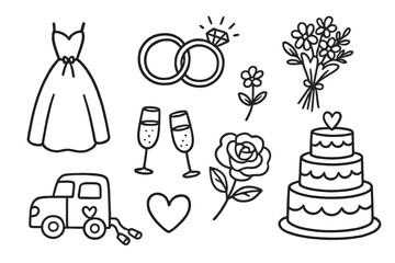 Hand-drawn wedding doodle set with marriage icons. Vector line art illustration of dress, rings, cake, flowers for invitation design. Cute love, celebration, bridal elements.