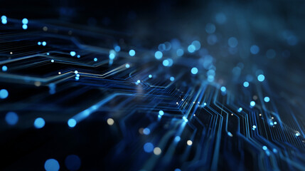 A close up view of a circuit board with glowing blue lights and lines on a dark background surface