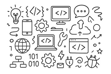 Hand drawn technology icons set. Coding and programming doodle symbols for web design. Software development vector sketch. Cartoon tech elements for UI, UX, and app development.