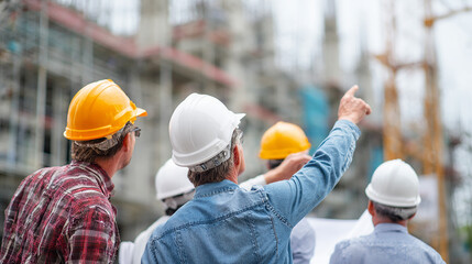 Team of engineers wearing helmets pointing at building structure under construction, discussing safety and progress.