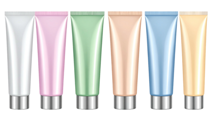 Cosmetic tubes in various colors for beauty products.