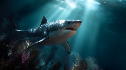 Fototapeta premium Dramatic Underwater View of a Great White Shark Swimming Over Colorful Coral Reefs in Turquoise Water