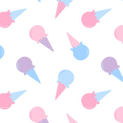 Seamless pattern with pastel ice cream cones, cute cartoon dessert background, sweet summer design for textile, wrapping, wallpaper or kids project.