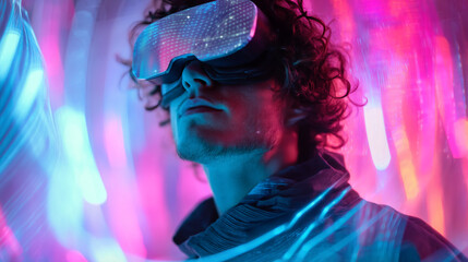 Obraz premium A person wearing vr headset immersed in a colorful virtual reality environment with neon lights around