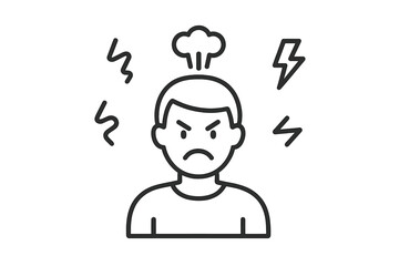 Angry person icon with tense emotion symbols. Concept of rage, irritability, emotional outburst, stress and frustration. Psychology, mental health problem, aggression.