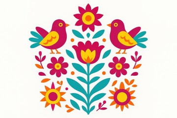 Fototapeta premium Bright Mexican folk art with two colorful birds, stylized flowers, and leaves in magenta, yellow, and turquoise tones.