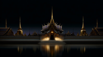 Naklejka premium Elegant Temple Facade with Ornate Golden Architecture Reflected in Still Water at Night