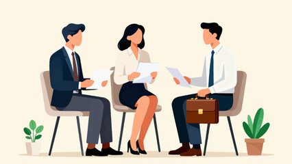 Three people in business attire reviewing documents