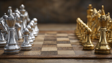 Wooden chess board with silver and gold pieces facing each other, concept of competition and corporate rivalry.