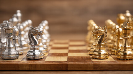 Wooden chess board with silver and gold pieces facing each other, concept of competition and corporate rivalry.