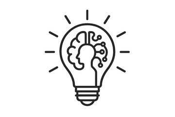 Generative AI concept. Lightbulb idea icon. Human head with half brain, half circuit. Artificial intelligence, machine learning, deep learning. Human vs machine. Vector line art.