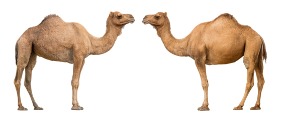 Two camels standing side by side against a plain white background showcasing their unique features and forms