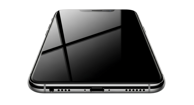 Sleek smartphone with a glossy black screen modern design.