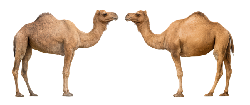 Two camels standing side by side against a plain white background showcasing their unique features and forms