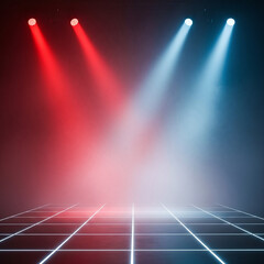 Vibrant Red and Blue Spotlights Illuminate an Empty Stage with Fog and Grid Pattern