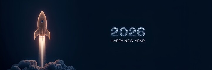 Background and banner with New Year 2026 and technology theme, A rocket taking off symbolizes a journey towards a better future, full of energy, enthusiasm and new hope, happy New year 2026 greetings

