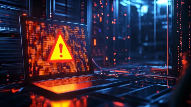 Malware Attack Alert, Glowing Warning Icon on Screen