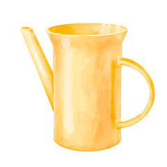A toy plastic jug with a handle and no lid for children. Watercolor illustration of an empty yellow coffee pot isolated on a white background. Perfect for children's cards, educational games