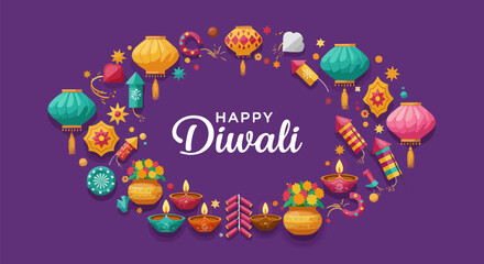 Festive diwali celebration with lanterns candles and fireworks on purple background