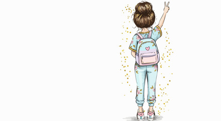 Girl with backpack making peace sign in pajamas against a white background view