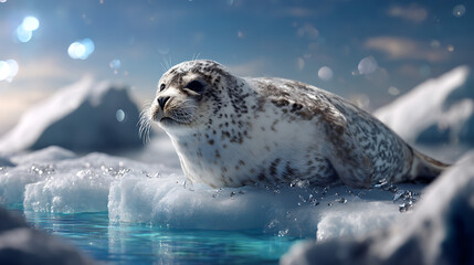 Obraz premium Gray Seal Resting on a Chunk of Floating Ice in a Blue Icy Ocean and a Partly Cloudy Sky