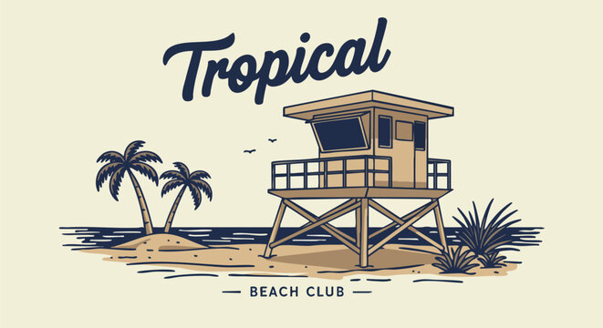 Serene beach scene with lifeguard tower and palm trees evoking summer vacation vibes