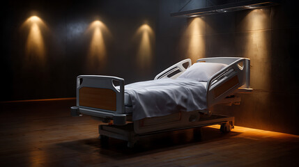 Fototapeta premium Hospital Bed in Dark Room with Pixelated Style and Soft Lighting for Dramatic Medical Concept