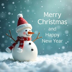 Merry christmas and happy new year greeting card with copy-space.Happy snowman standing in christmas landscape.Snow background.Winter fairytale.