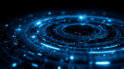 Fototapeta premium Glowing blue concentric circles with intricate details on a dark background creating a futuristic look