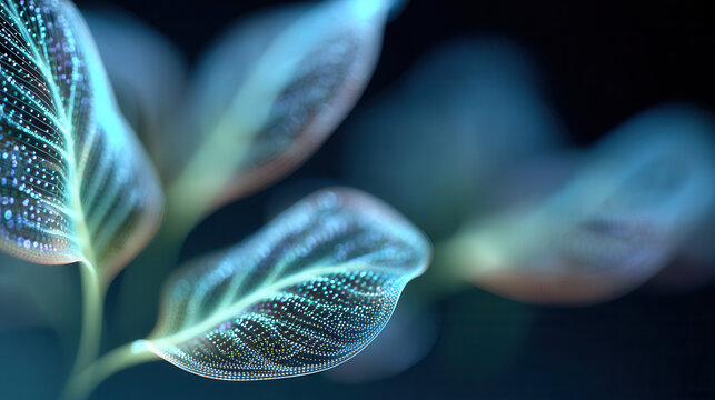 Futuristic glowing leaf with digital dots and holographic effect in dark background, eco technology concept