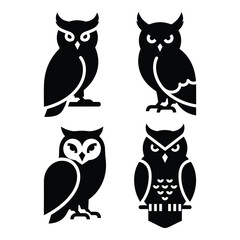 Four stylized black owl silhouettes with detailed feathers and fierce eyes representing wisdom and nocturnal nature silhouette