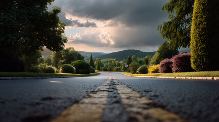 Low Angle View of Asphalt Road with Yellow Lines Surrounded by Green Trees under Cloudy Sky