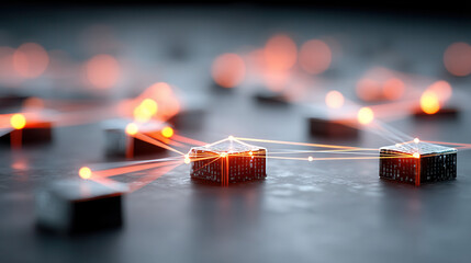 Blockchain nodes connected by glowing orange lines on dark surface, representing digital network and data transfer