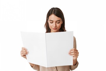 Naklejka premium Young woman holding and reading a blank newspaper mockup standing against a white background with a neutral expression on her face.