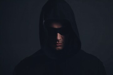 Mysterious hooded figure wearing dark sunglasses against a dimly lit background emphasizing anonymity and intrigue in a contemporary portrait style