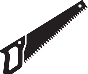 Black silhouette of a hand saw with a wooden handle and serrated blade