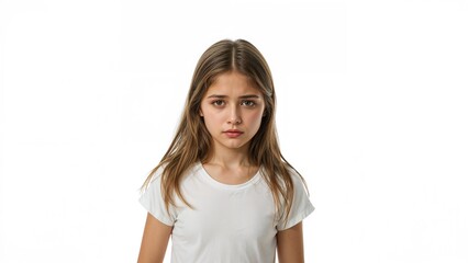 Young girl with long hair wearing a white t-shirt expressing sadness against a plain background, capturing emotions related to isolation and vulnerability.