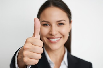 Close-up of smiling businesswoman wearing a black suit giving a thumbs up gesture against a plain white background in a positive expression of approval