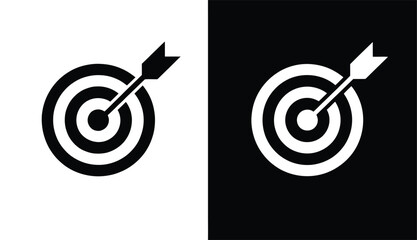 Target icon with arrow hitting bullseye – mirrored black and white design symbolizing precision, goal achievement, focus, and success 