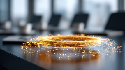 Hyper realistic predictive analytics hologram glowing above modern office table with blurred chairs background creating